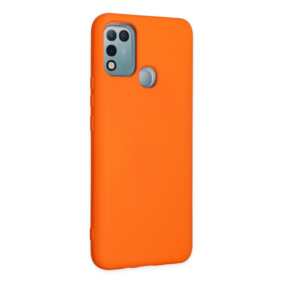 Turuncu telefon kılıfı, dikdörtgen kamera modülü ve flaşlı.