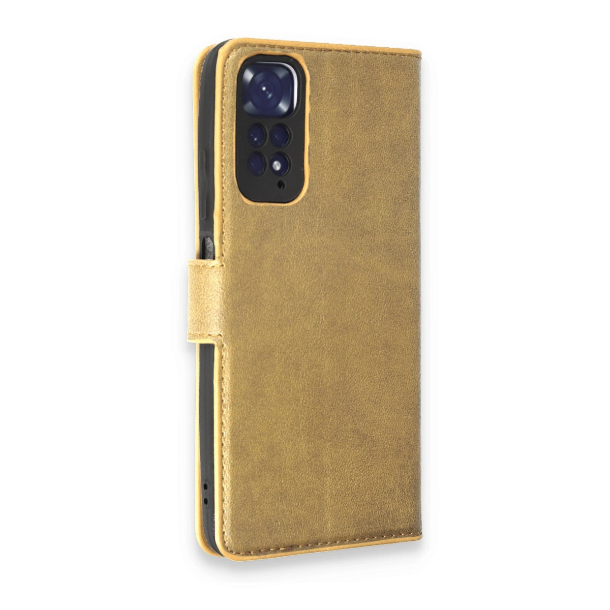 Kamera açıklığı detaylı altın rengi telefon kılıfı.