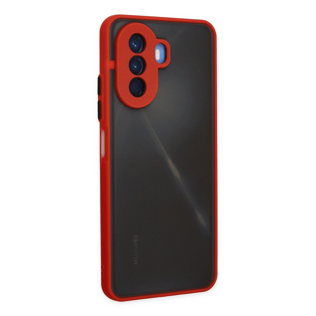 Siyah arka ve üç kamera lensli kırmızı telefon kılıfı.