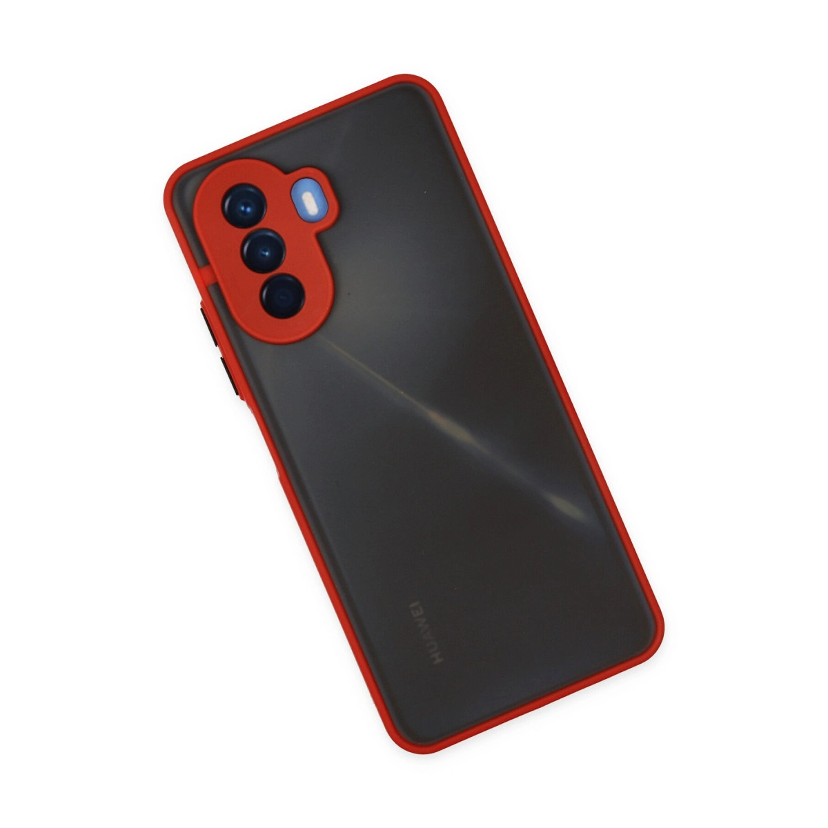 Kırmızı çerçeveli siyah telefon ve dikkat çekici kırmızı kamera modülü.