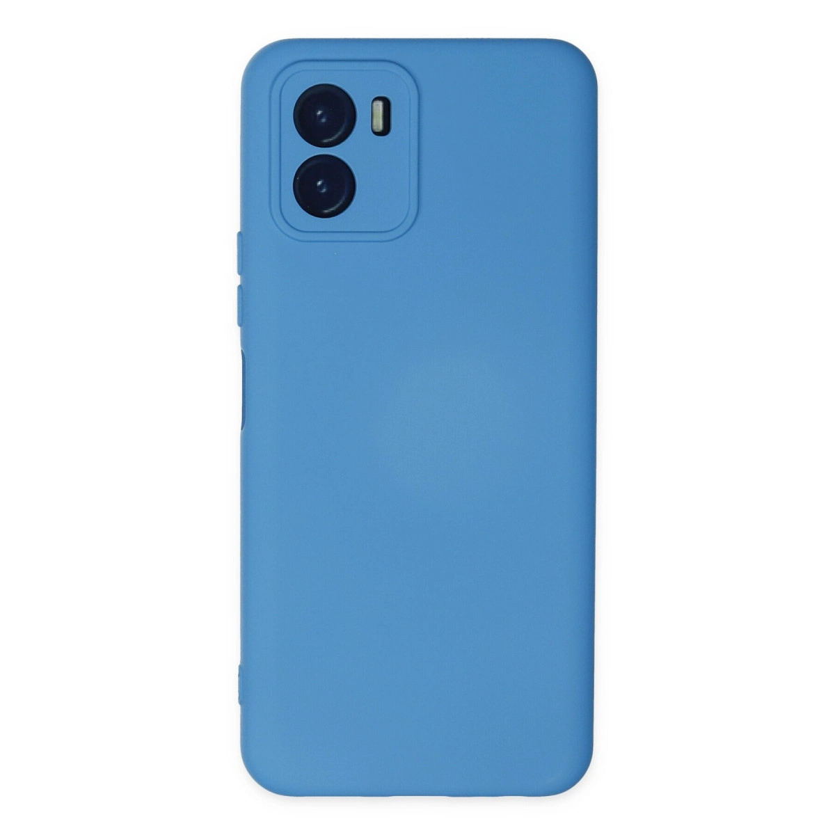 Çift lensli kamera modülü ve flaşlı mavi telefon kılıfı.