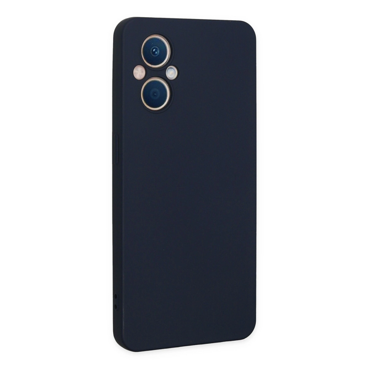 Koyu mavi telefon, arkada üç kamera, beyaz arka plan üzerinde.