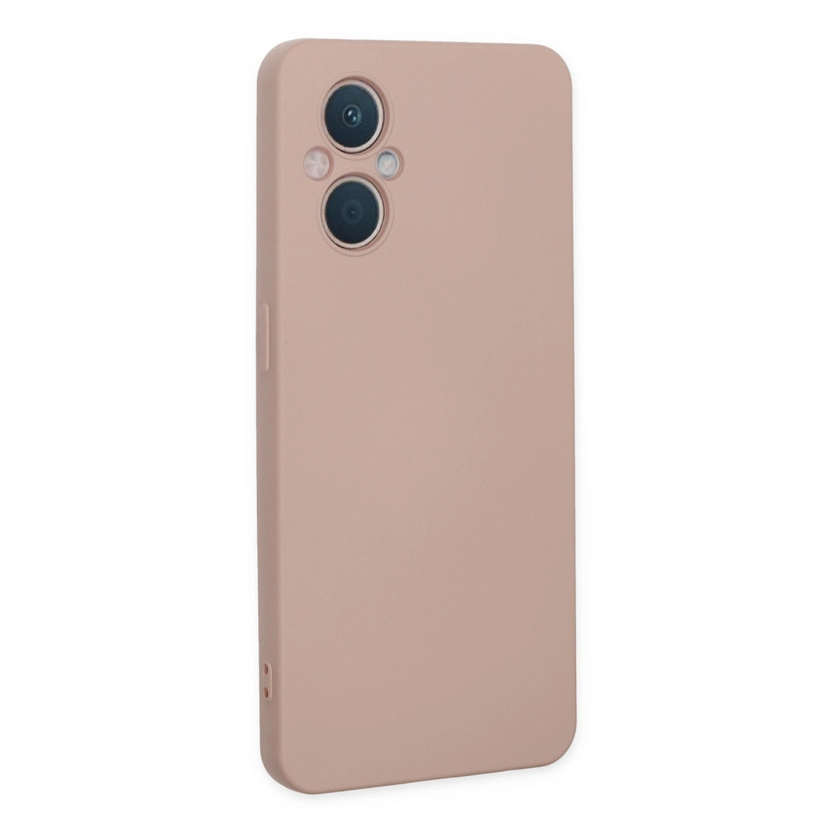 Arkada çift kamera oyuğuna sahip pembe telefon kılıfı.
