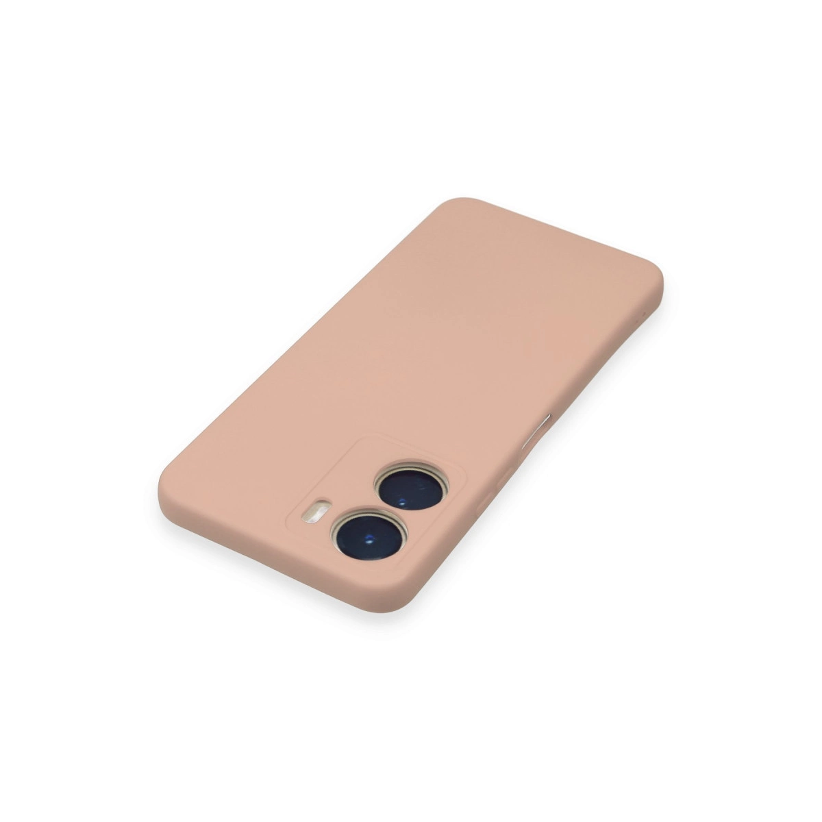 Beyaz arka plan üzerinde iki kamera lensli şeftali rengi telefon kılıfı.
