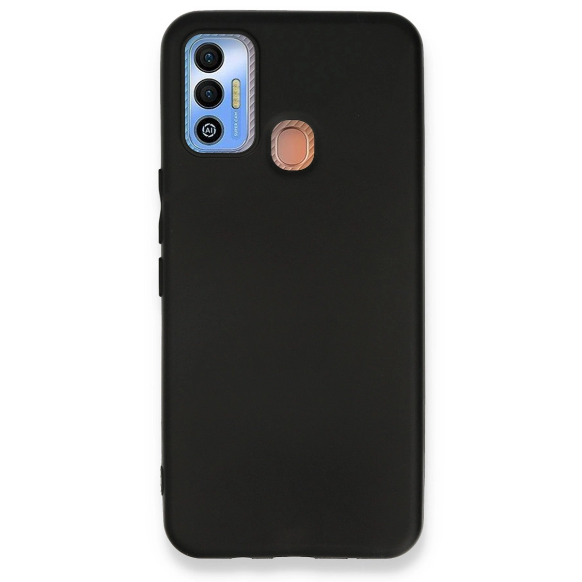 Üçlü kamera ve parmak izi sensörlü siyah telefon kılıfı.