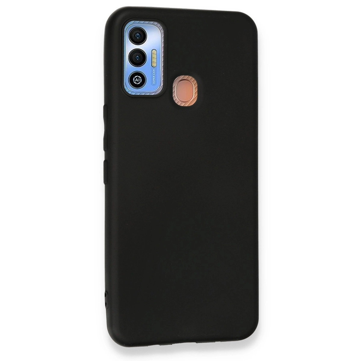 Kamera ve parmak izi sensörü kesimli siyah telefon kılıfı.