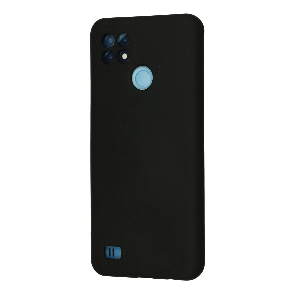 Dört kamera lensli ve mavi parmak izi sensörlü siyah telefon kılıfı.