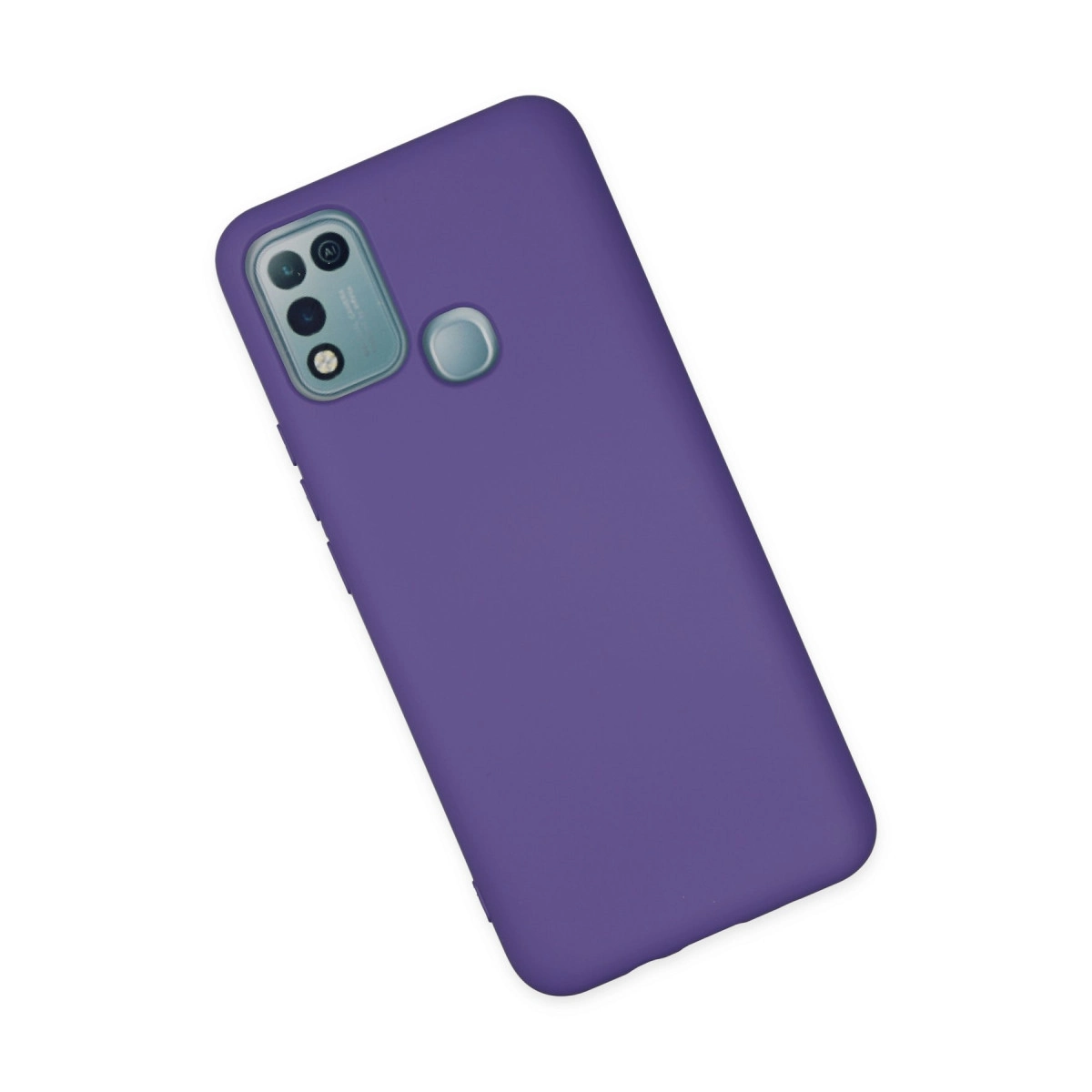 Arka yüzünde kamera modülü ve parmak izi sensörü bulunan mor telefon kılıfı.
