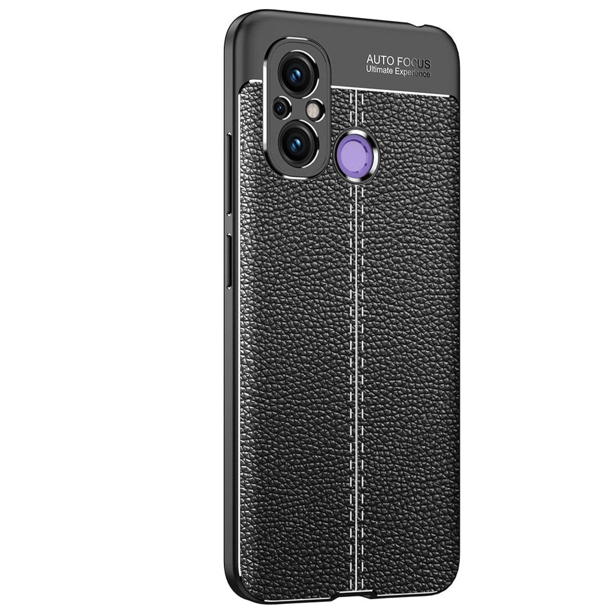 Deri dokulu, dikişli ve kamera kesimli siyah telefon kılıfı.