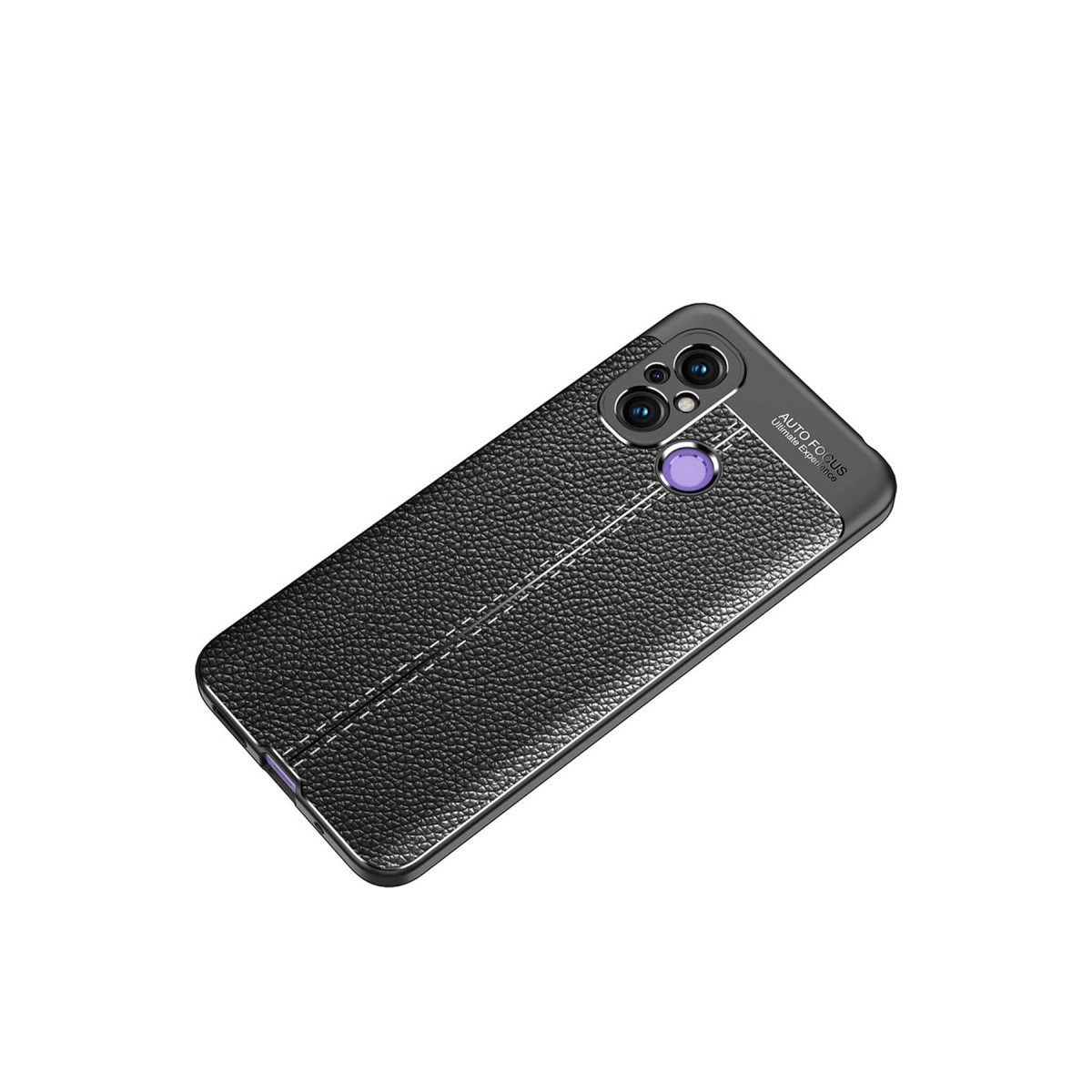 Dikişli ve kamera kesimli, siyah deri dokulu telefon kılıfı.