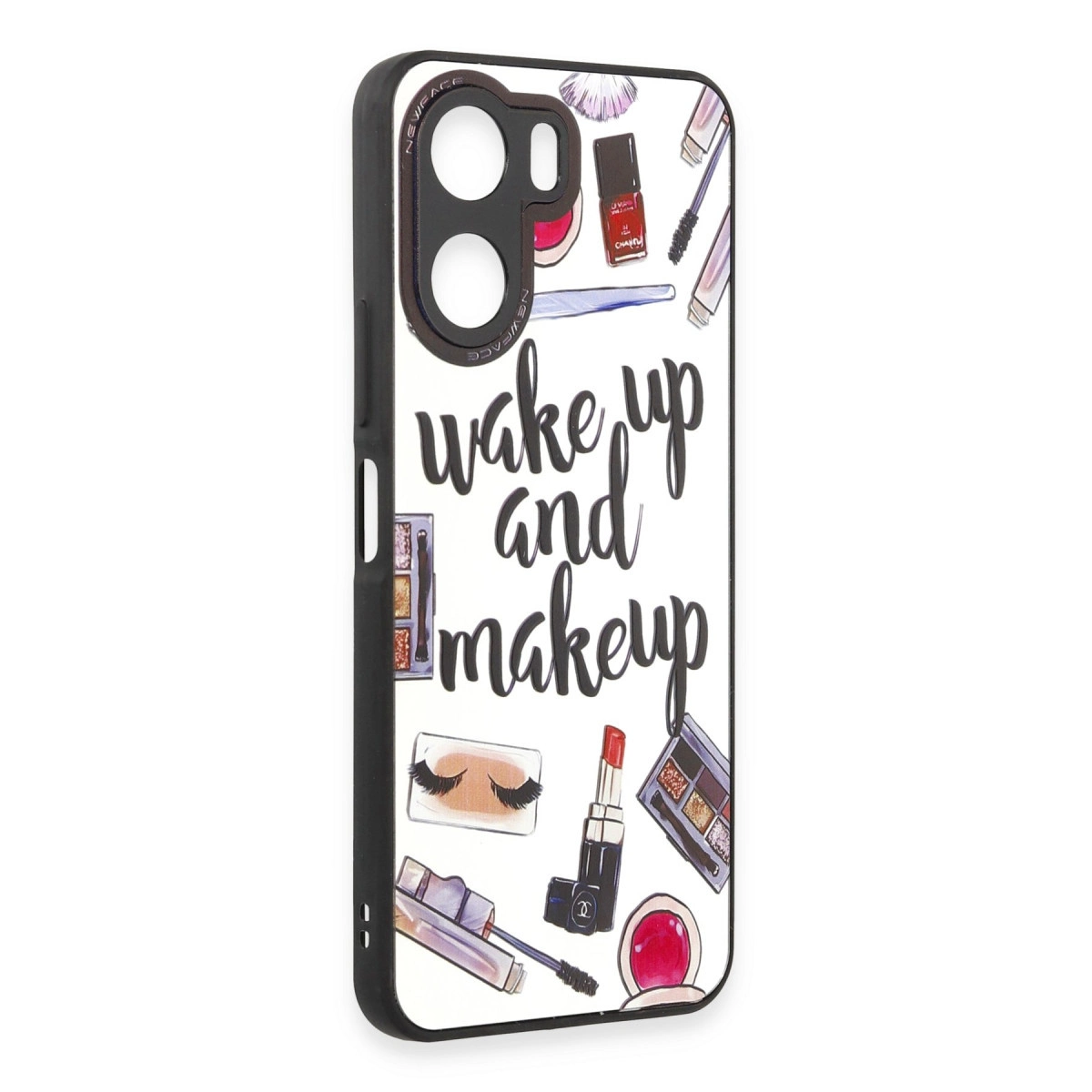 Üzerinde "wake up and makeup" yazısı ve kozmetik ürünleri bulunan iPhone kılıfı.