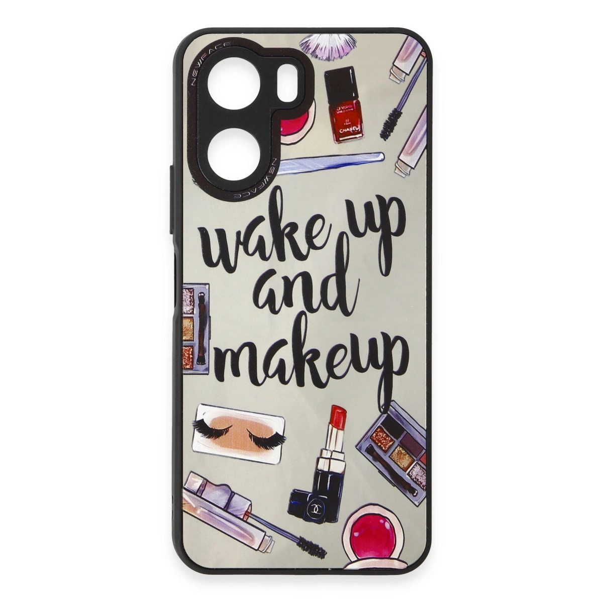 Üzerinde "wake up and makeup" yazısı ve kozmetik çizimleri olan telefon kılıfı.