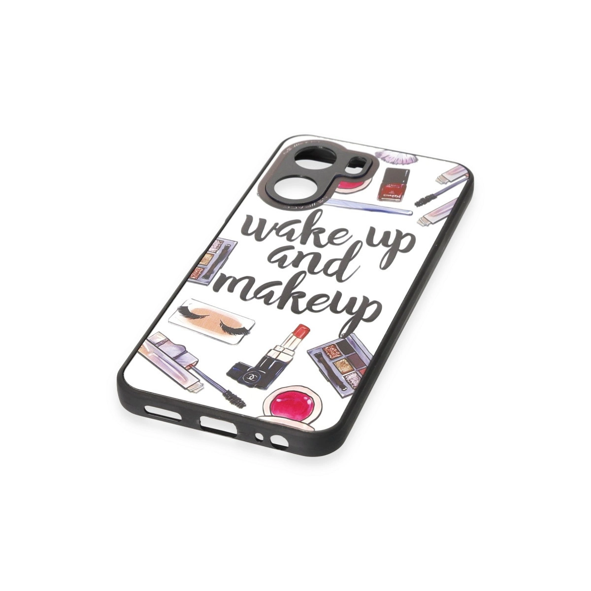 Makyaj çizimleri ve "wake up and makeup" yazılı telefon kılıfı.