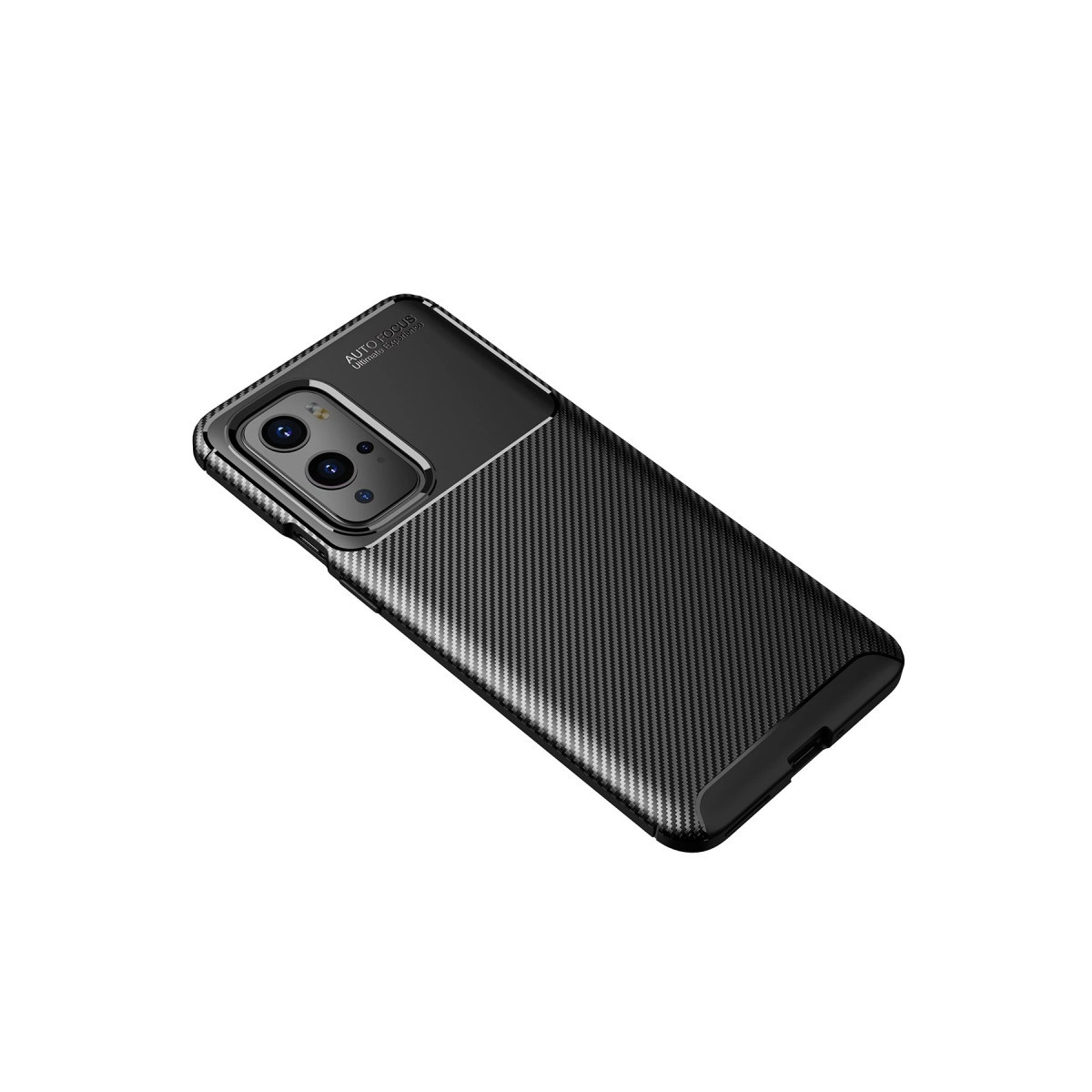 Karbon fiber desenli, kamera kesimli siyah telefon kılıfı.