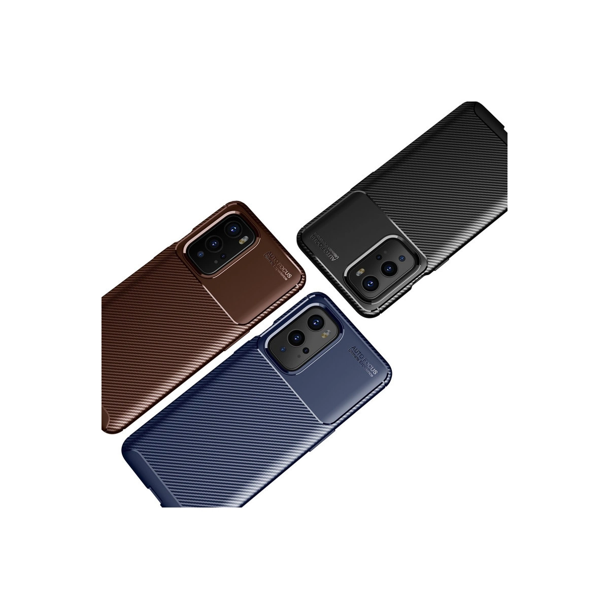 Karbon fiber dokulu, kahverengi, siyah ve mavi üç telefon kılıfı.