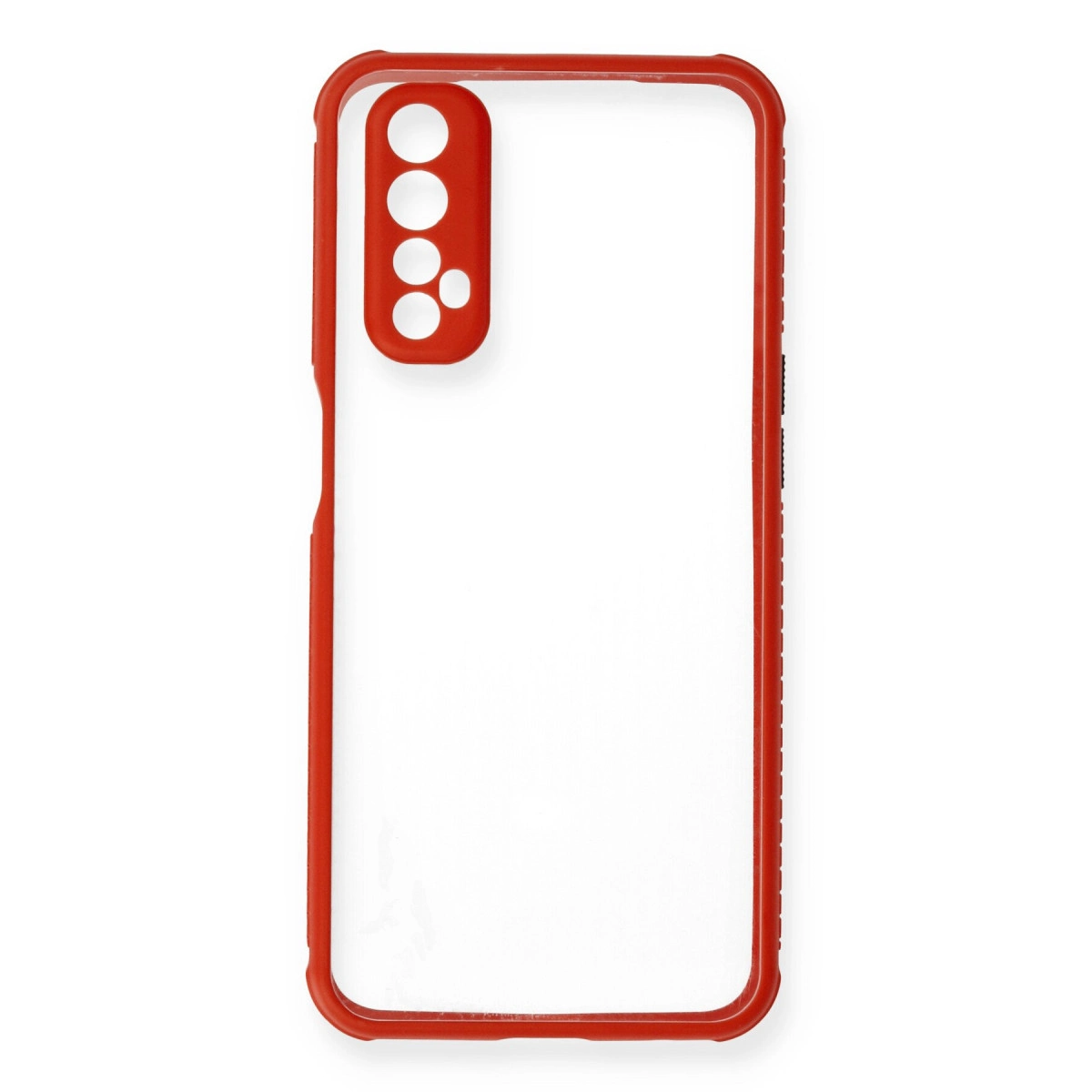 Kamera oyuntulu, kırmızı çerçeveli şeffaf telefon kılıfı.