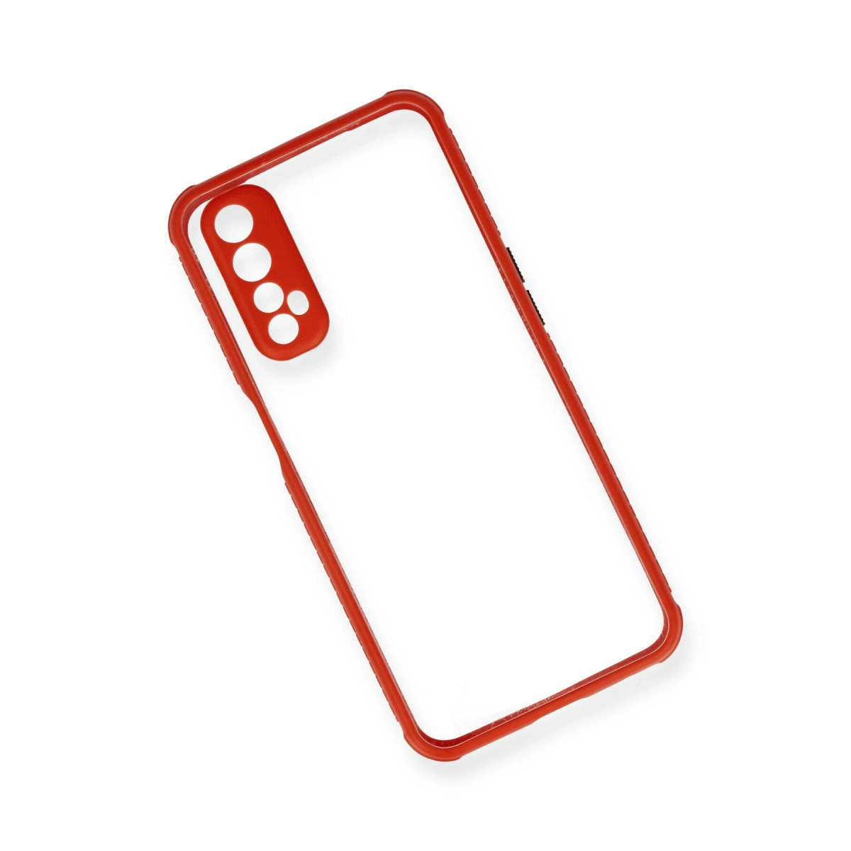 Kırmızı çerçeveli ve kamera kesimli şeffaf telefon kılıfı.