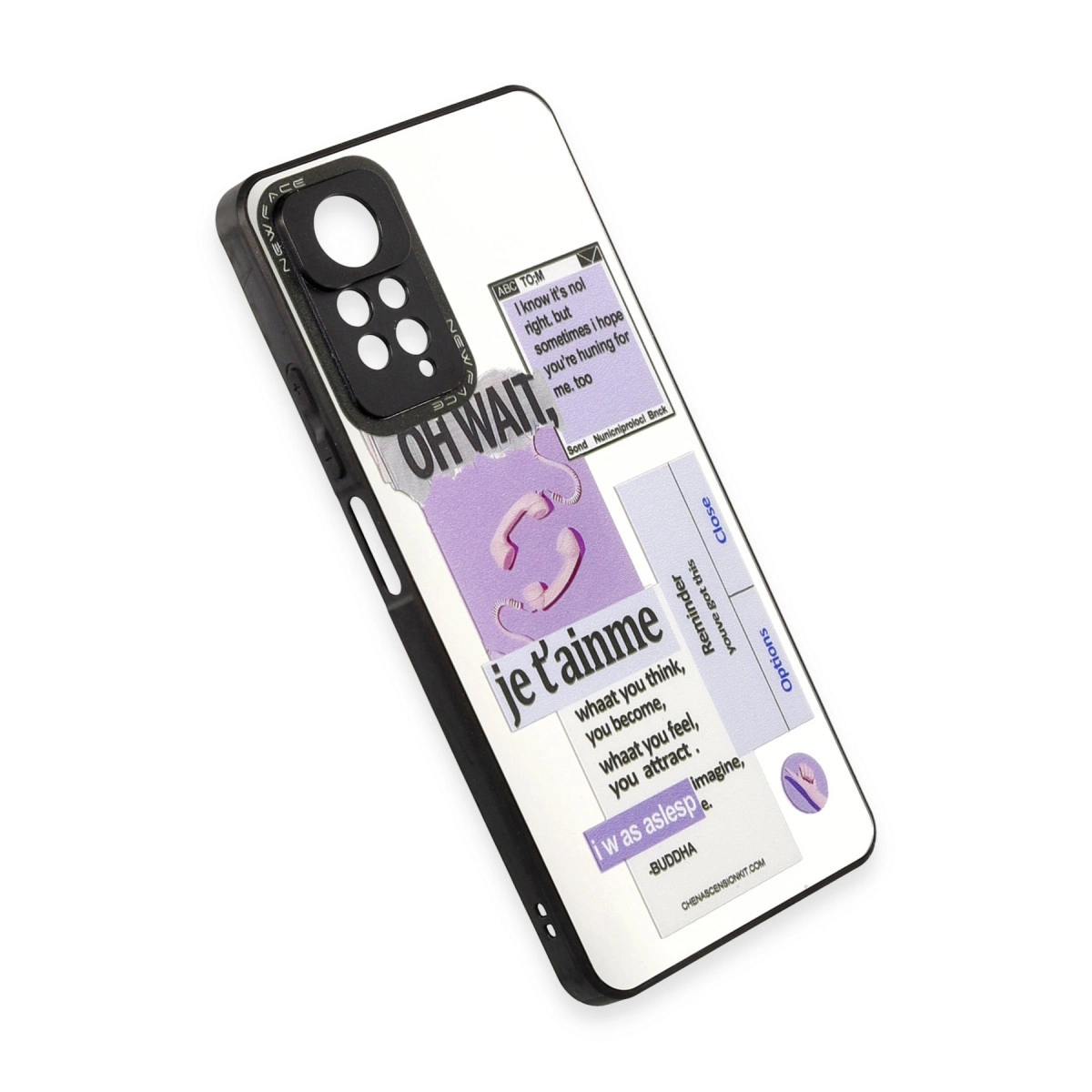 Telefon kılıfı, telefon ahizesi dahil metin ve mor simgelerden oluşan bir kolaj.
