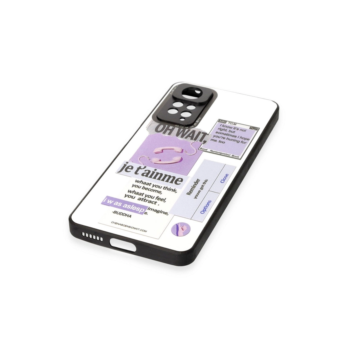 Telefon kılıfı üzerinde mor metinler ve telefon ahizesi grafiği dahil.