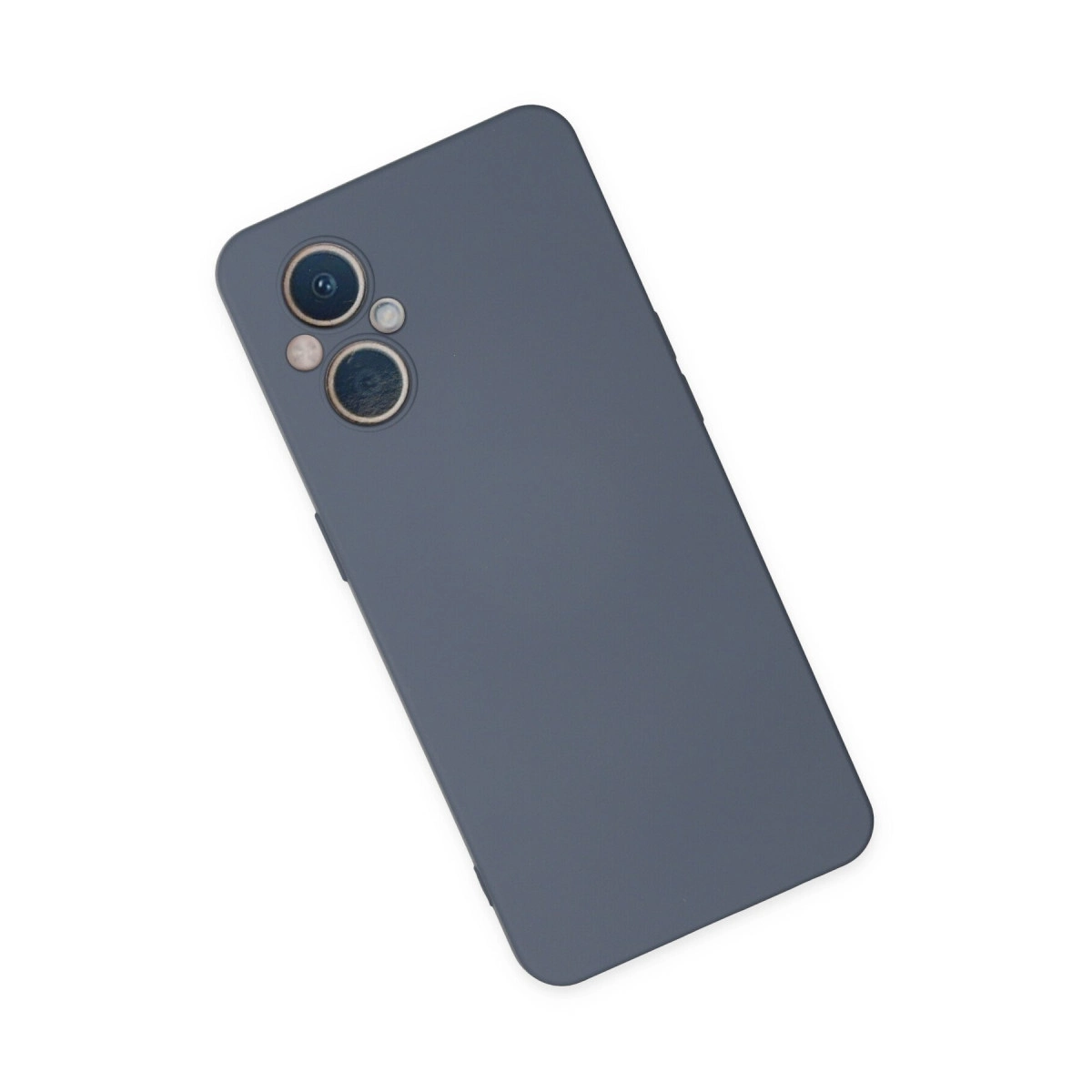 Beyaz arka plan üzerinde çift kamera ve flaşa sahip koyu gri telefon kılıfı.
