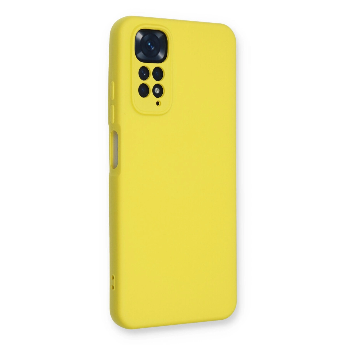 Dört lens ve flaş içeren dikdörtgen kamera modülüne sahip sarı telefon kılıfı.