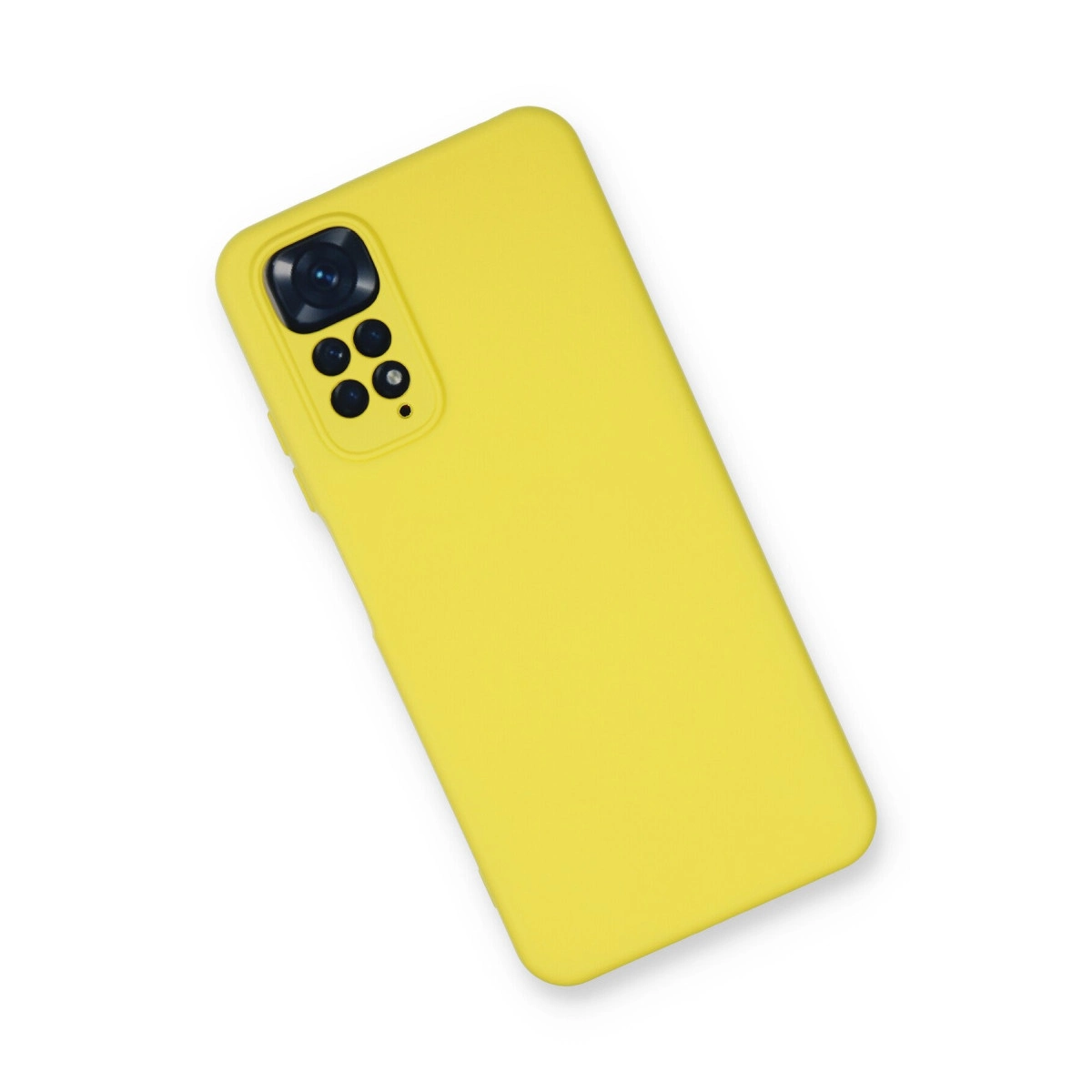 Sol üstte kamera modülü bulunan parlak sarı telefon kılıfı.