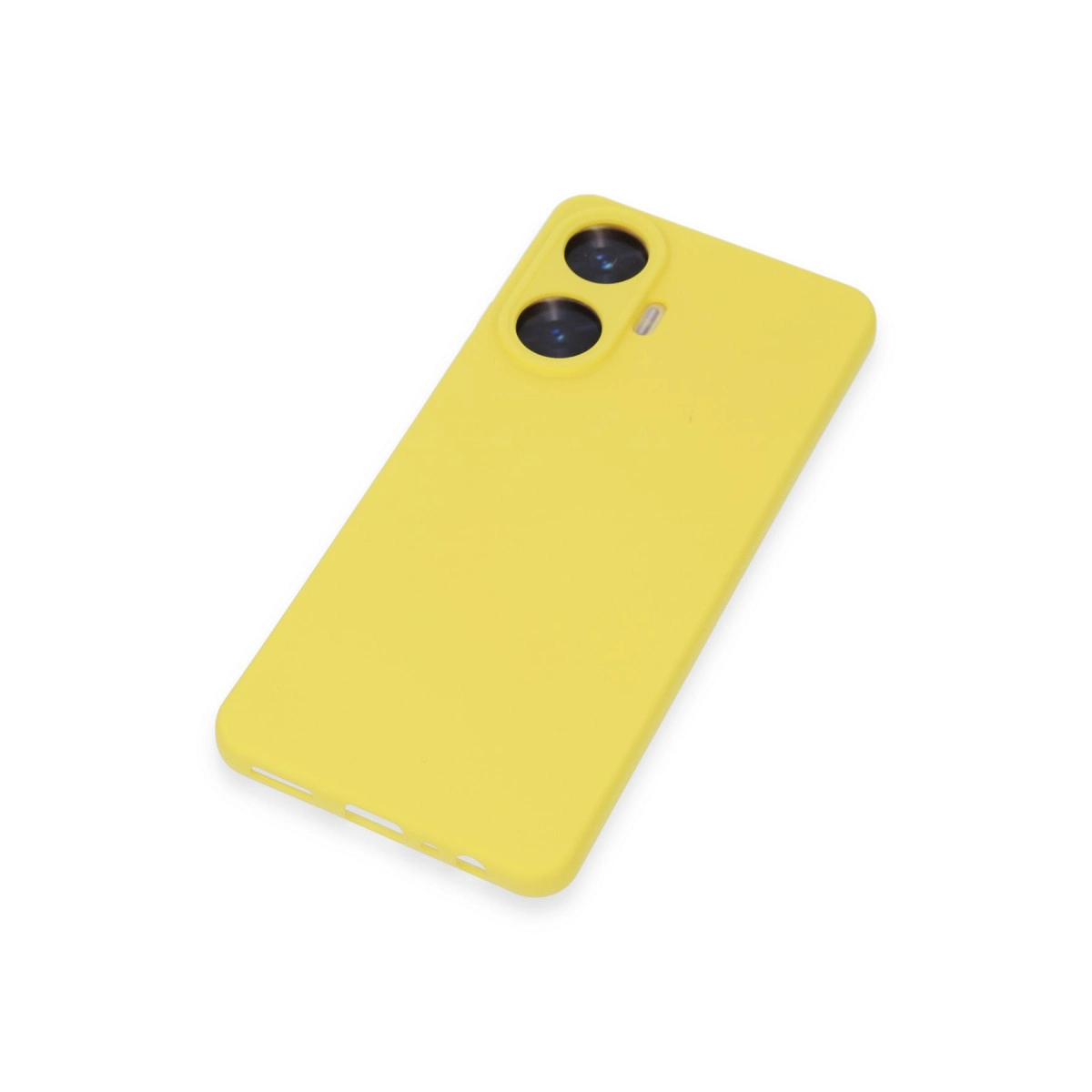 Arkada iki kamera lensi bulunan sarı telefon kılıfı.