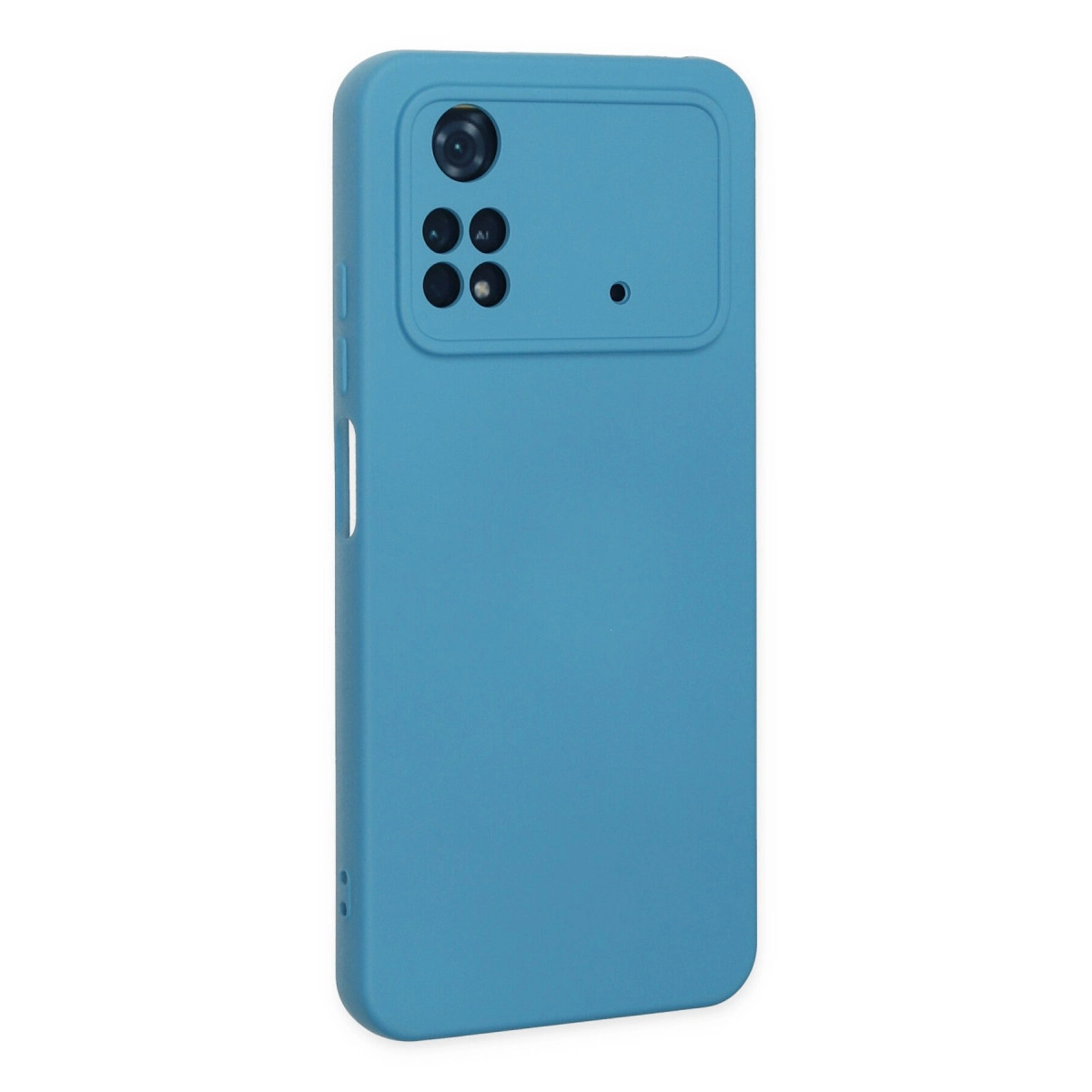 Arkada dikdörtgen kamera modülüne sahip mavi telefon kılıfı.