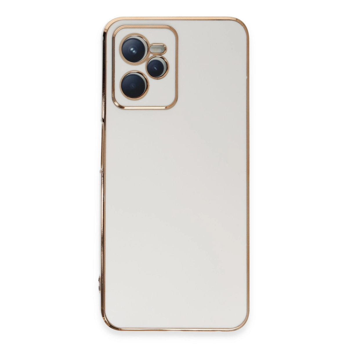 Altın çerçeveli ve üç kamera lensli beyaz telefon kılıfı.