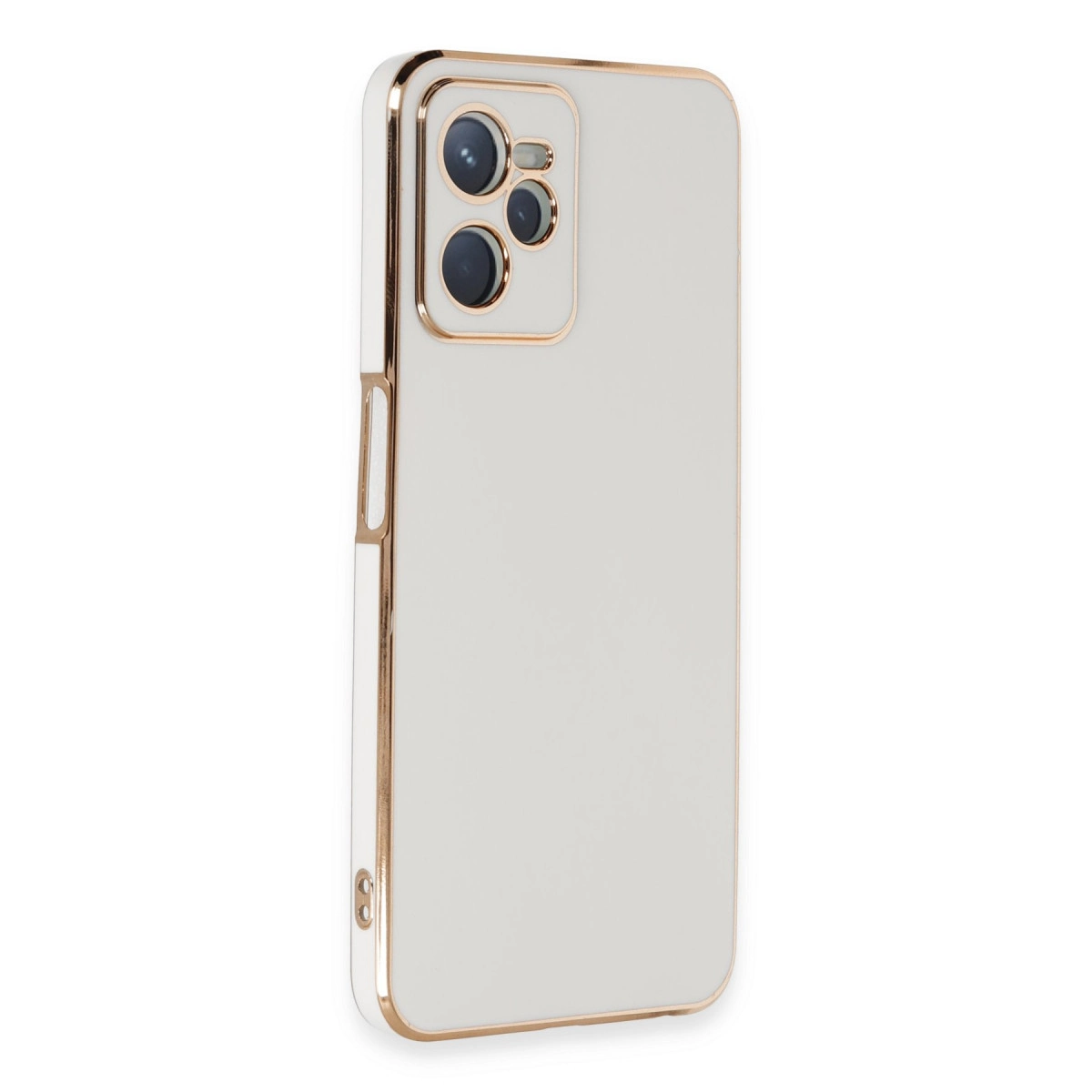 Altın kenarlı ve kamera kesimli beyaz telefon kılıfı.