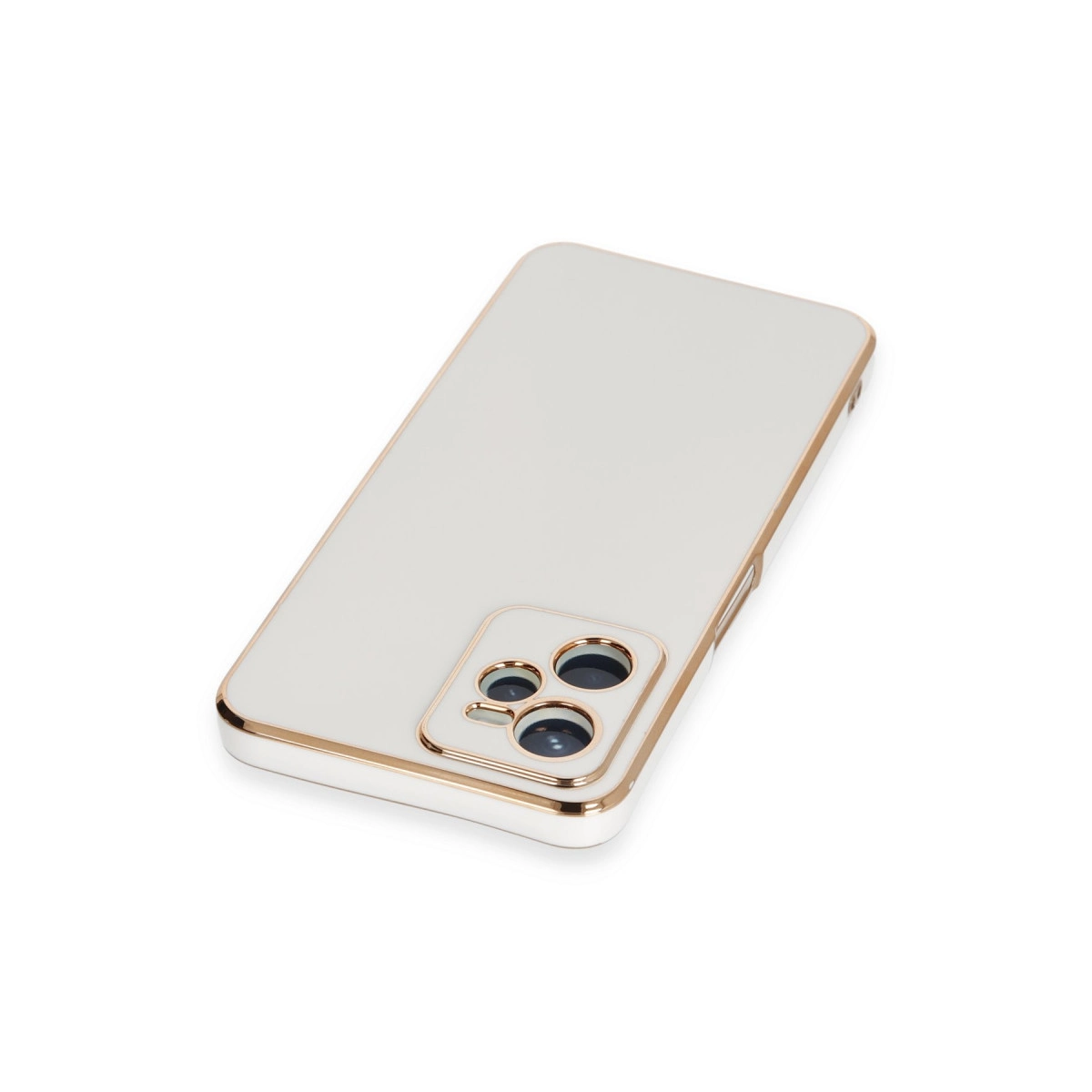 Altın kenarlı ve kamera modüllü krem rengi telefon kılıfı.