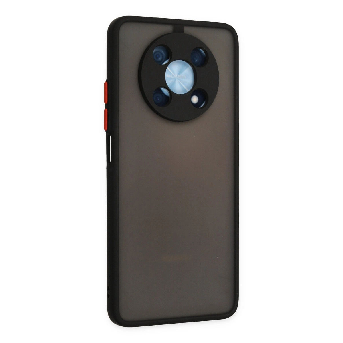 Beş lensli dairesel kamera modülüne sahip siyah telefon kılıfının arkası.