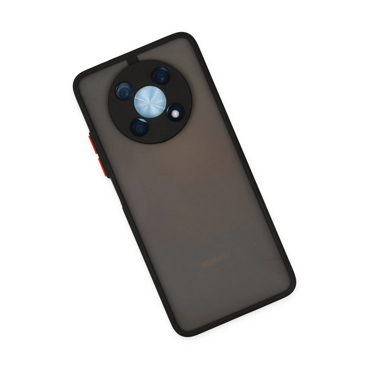 Dört lensli dairesel kamera modülüne sahip koyu gri telefon kılıfı.