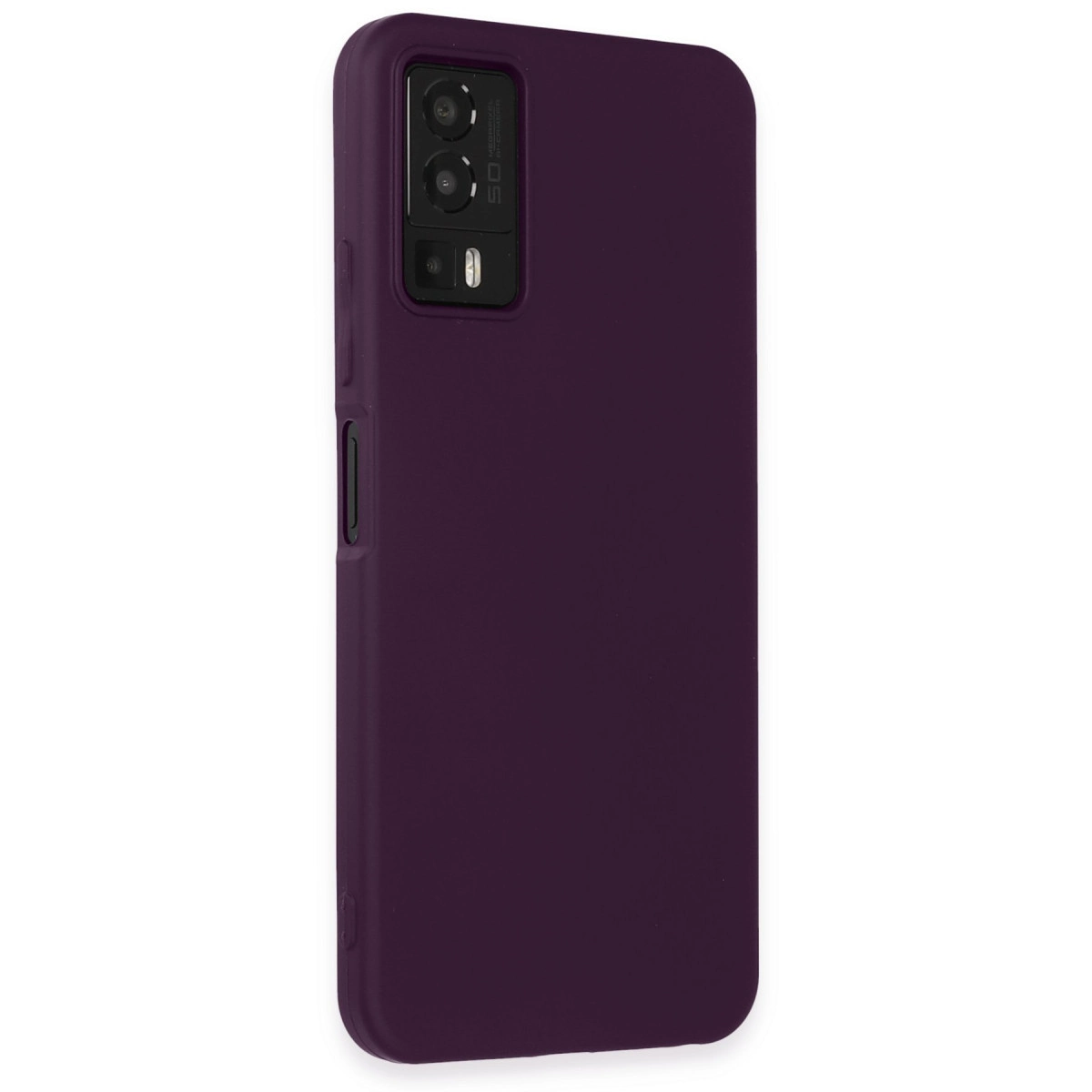 Kamera lensleri ve ses düğmeleri olan koyu mor telefon kılıfı.