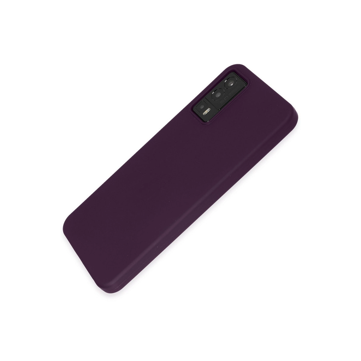 Kamera modüllü koyu mor telefon kılıfı beyaz arka plan üzerinde.
