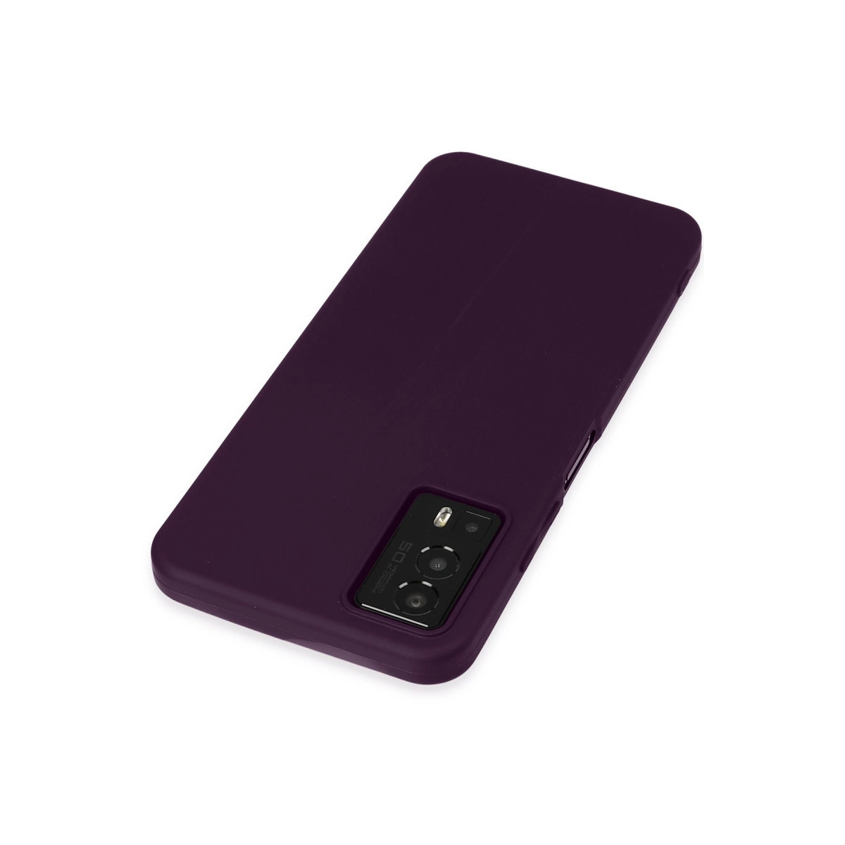Koyu mor telefon kılıfı, arkada üçlü kamera kurulumu.