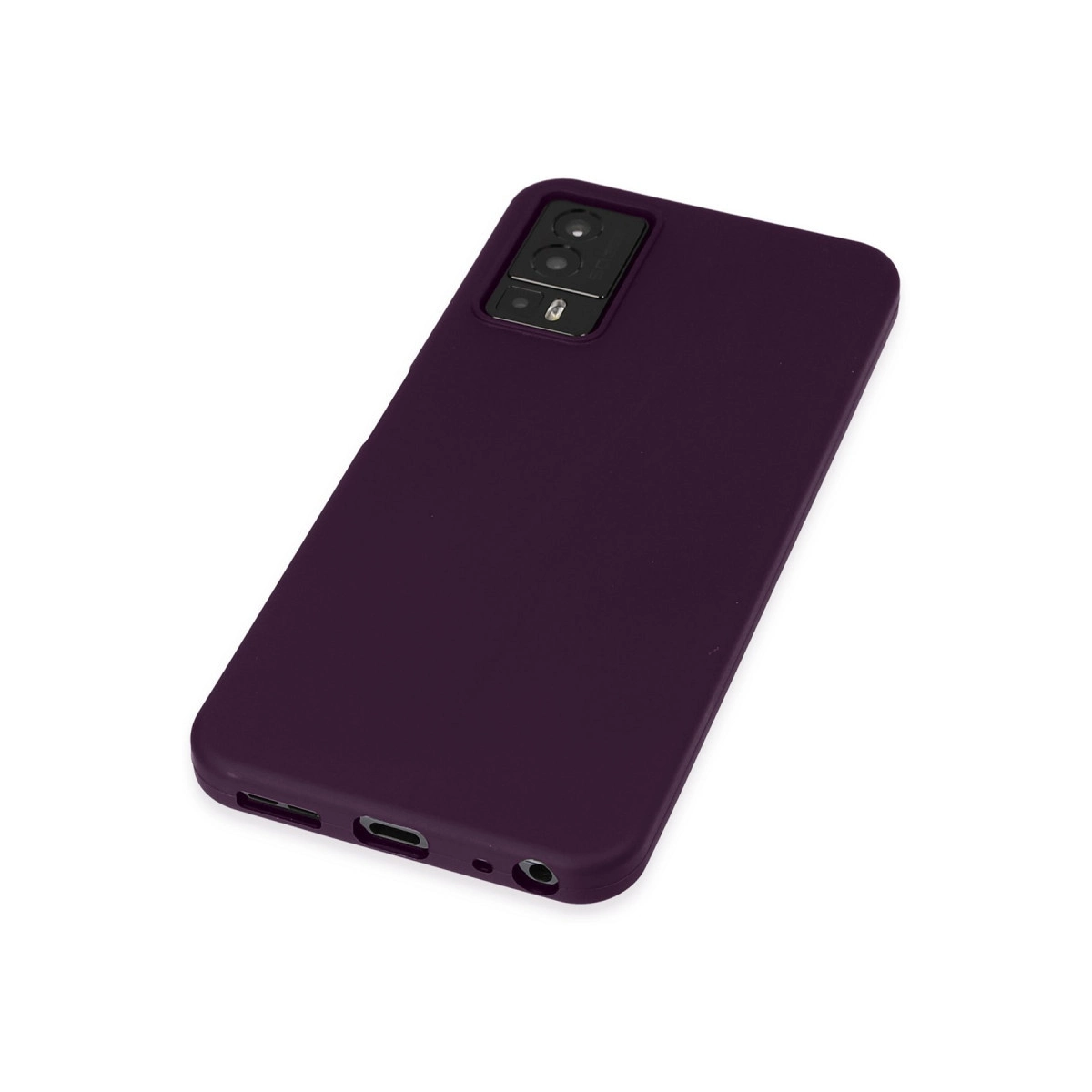 Kamera kesimi ve bağlantı noktaları görünen koyu mor telefon kılıfı.