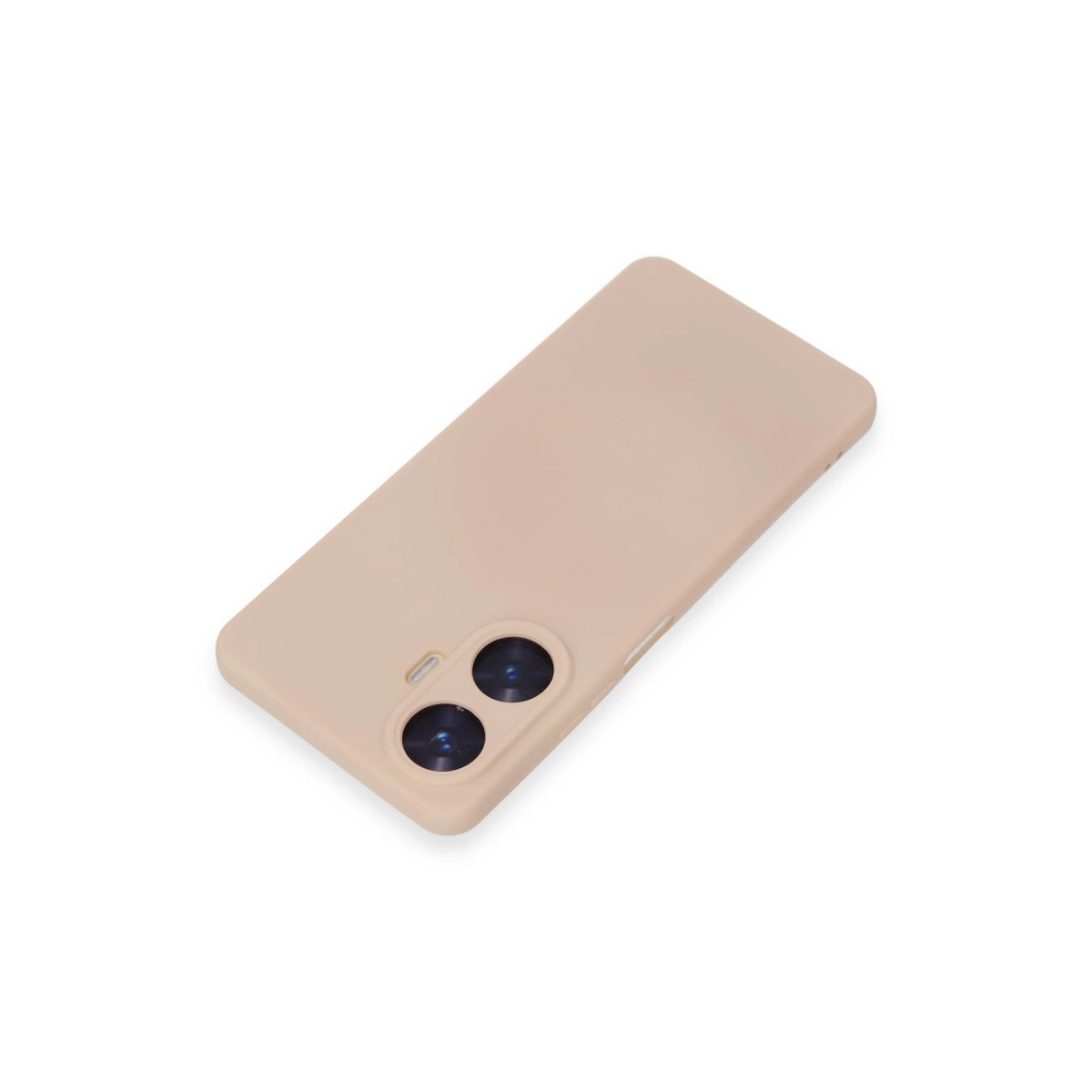 İki kamera lensli bej telefon kılıfı, beyaz arka plan üzerinde.