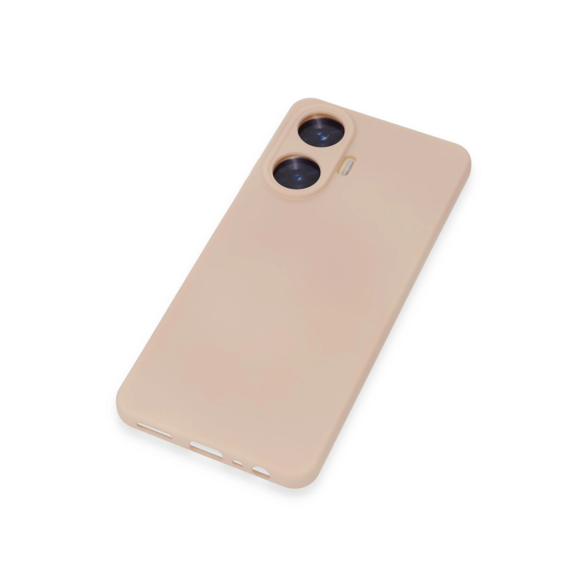 İki kamera lensli ve kesimli bej telefon kılıfı.