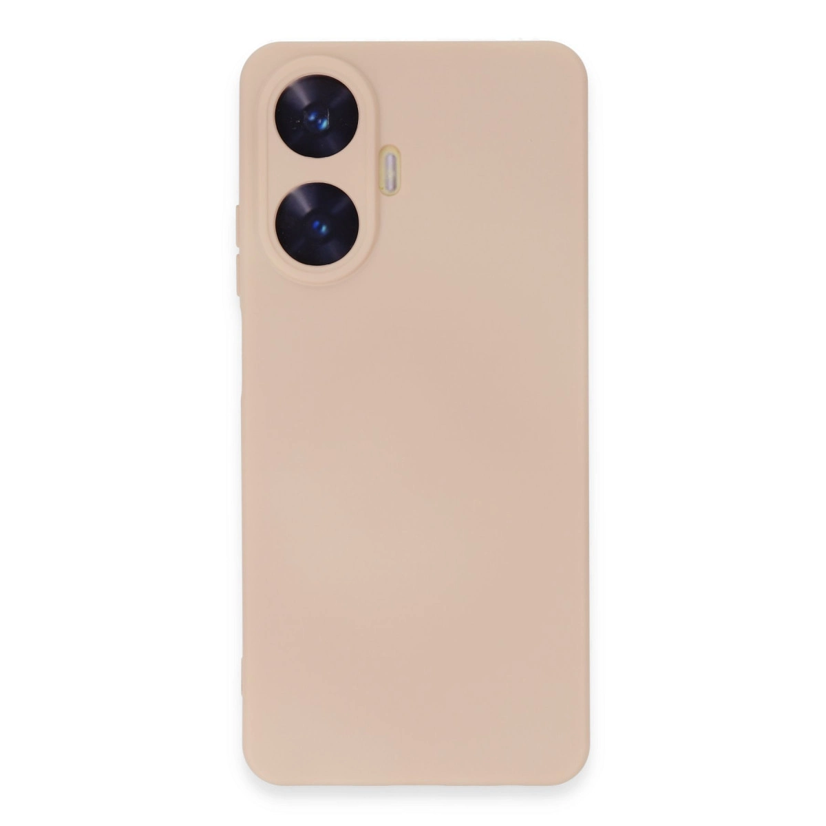 İki kamera lensi ve flaşlı şeftali rengi telefon kılıfı.