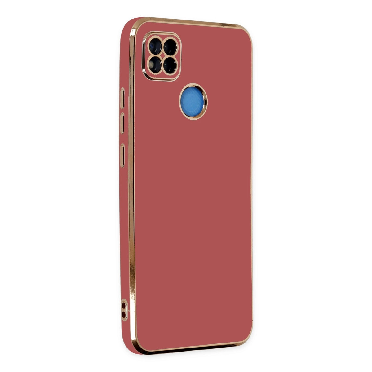 Altın çerçeveli, kamera çıkıntılı ve parmak izi sensörlü kırmızı telefon kılıfı.