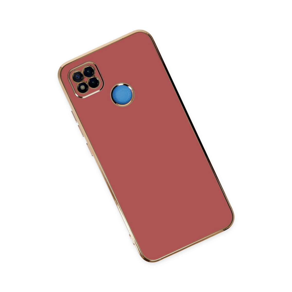 Altın kenarlı kırmızı telefon kılıfı, kamera ve parmak izi.