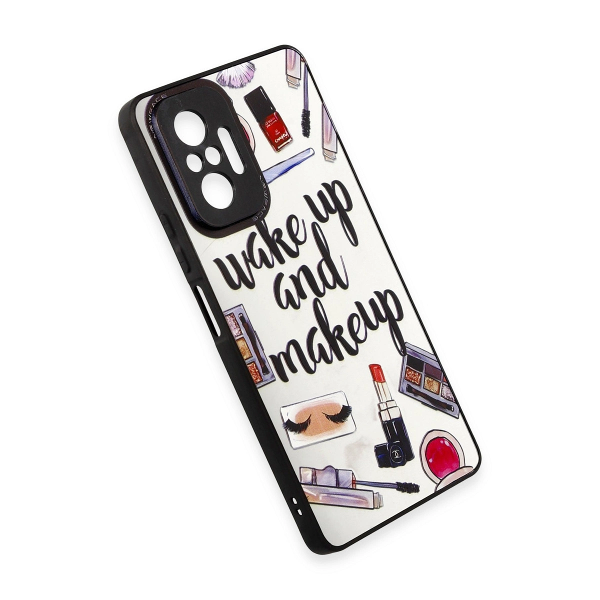 Telefon kılıfı 'Wake up and makeup' baskılı, fırçalar, oje, ruj.