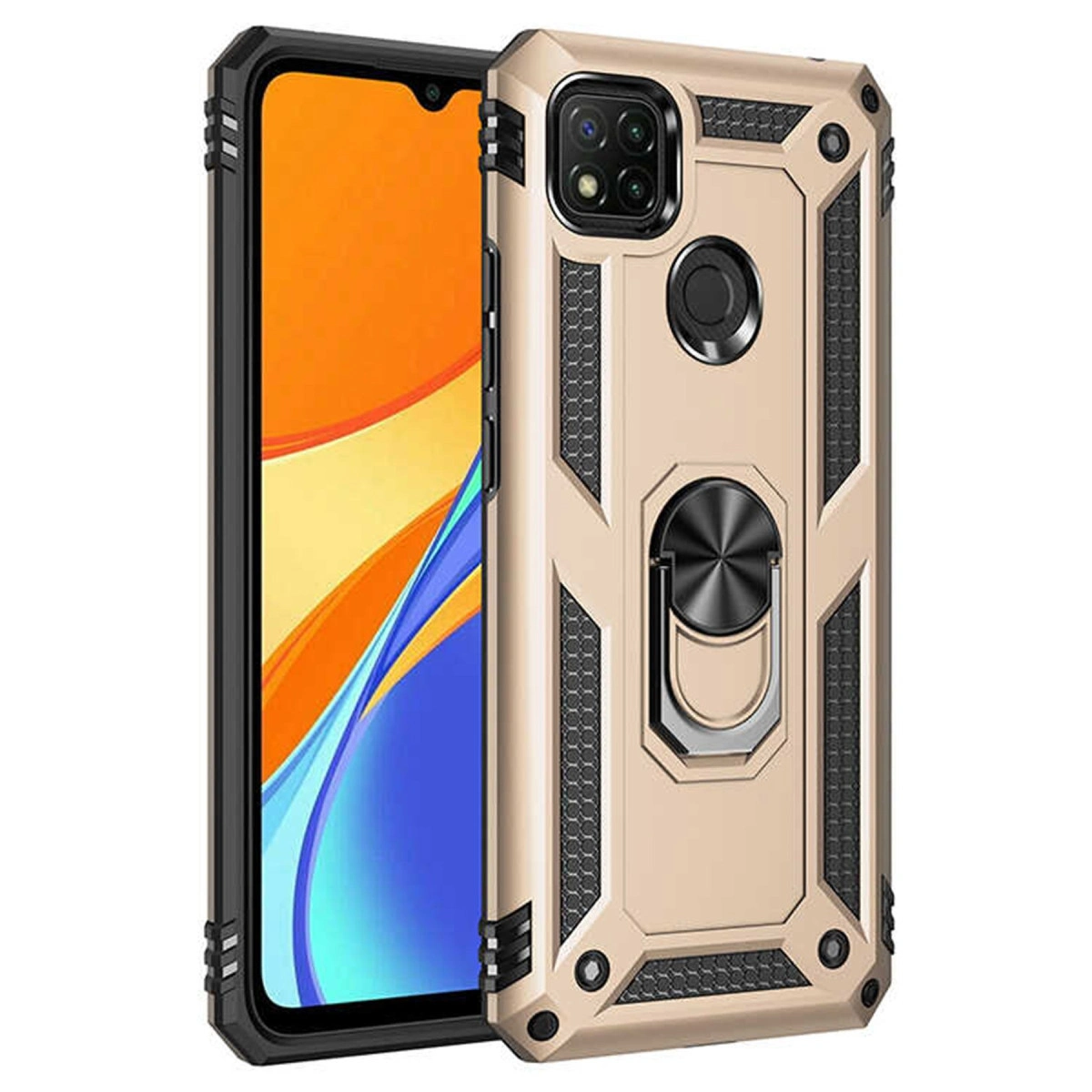 Halka tutuculu ve kamera modüllü altın rengi telefon kılıfı.