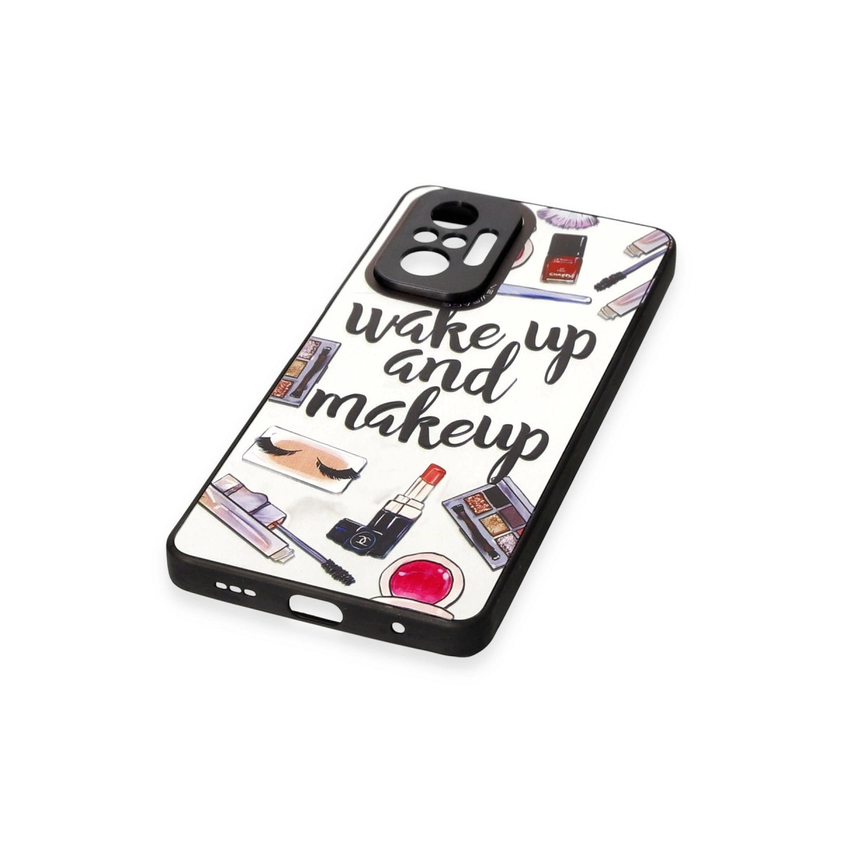 Telefon kılıfı üzerinde 'Wake up and makeup' yazısı ve makyaj resimleri.