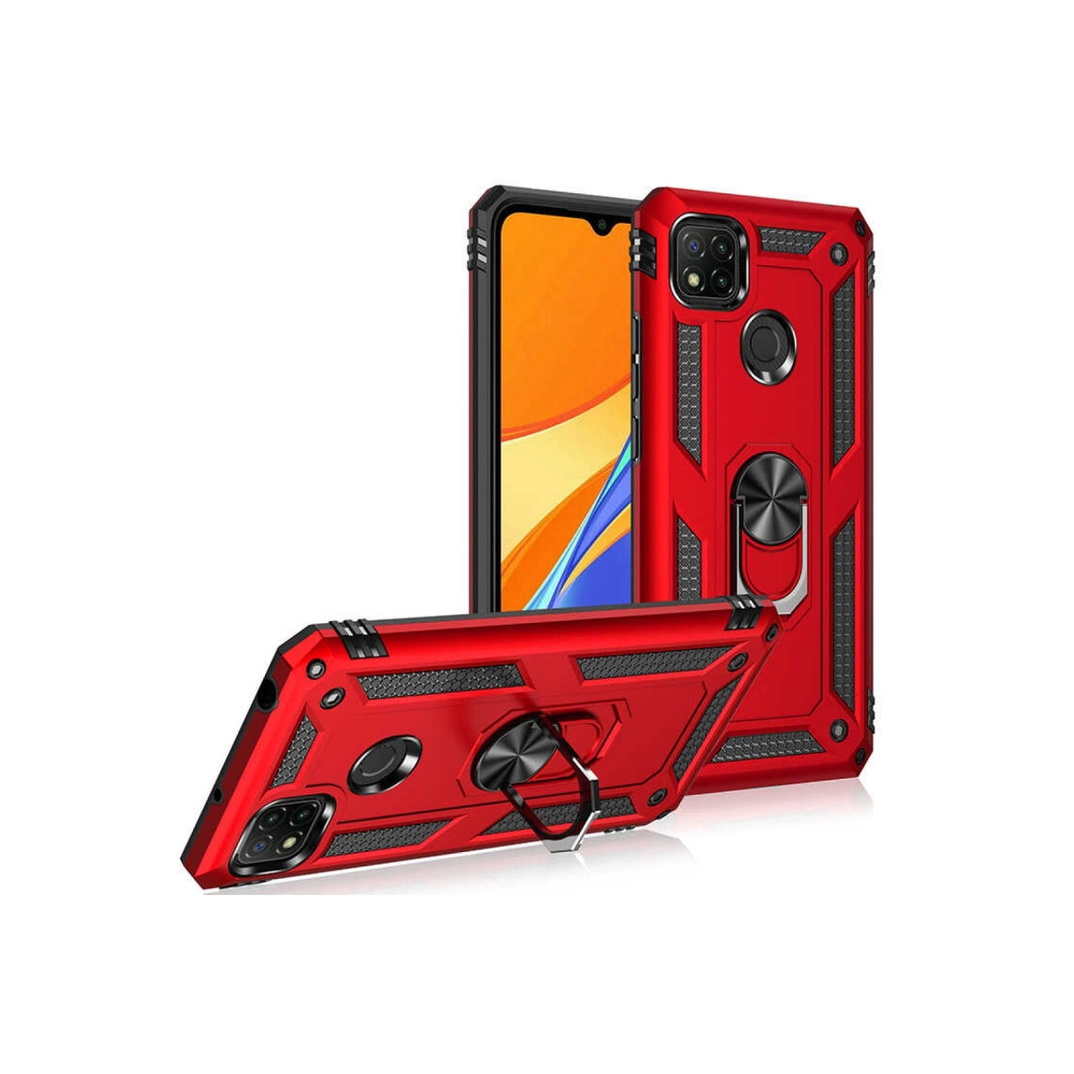 Halka tutuculu ve siyah ızgara desenli kırmızı telefon kılıfları.