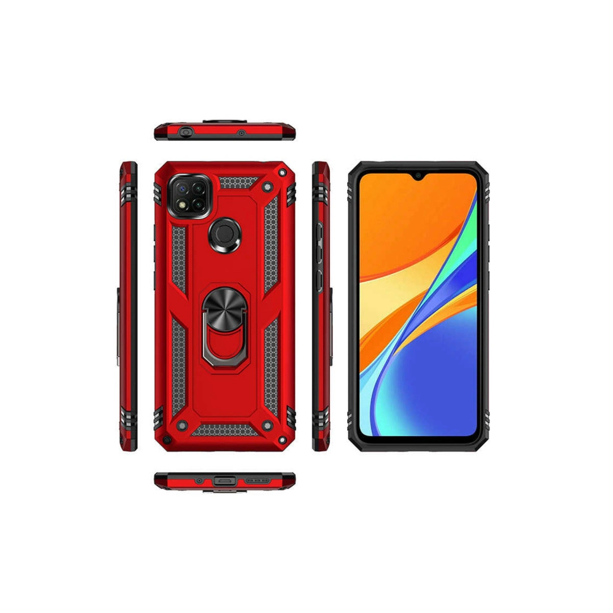 Halkalı tutuculu kırmızı telefon kılıfı ve akıllı telefon, beyaz arka plan.