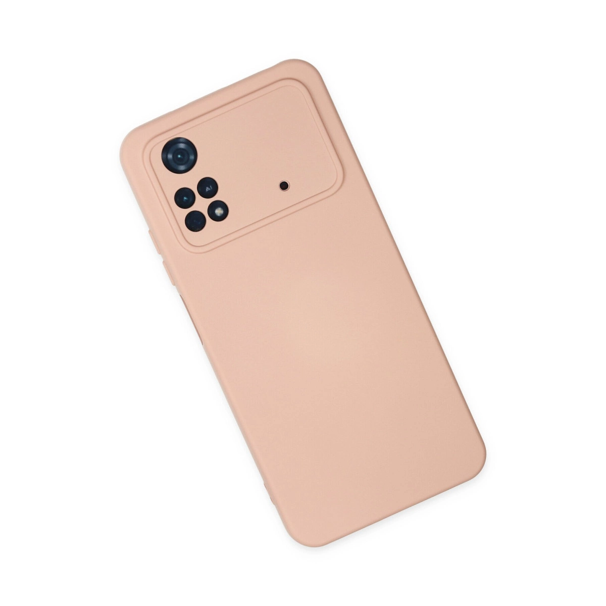 Kare kamera modülüne sahip şeftali rengi telefon kılıfı.