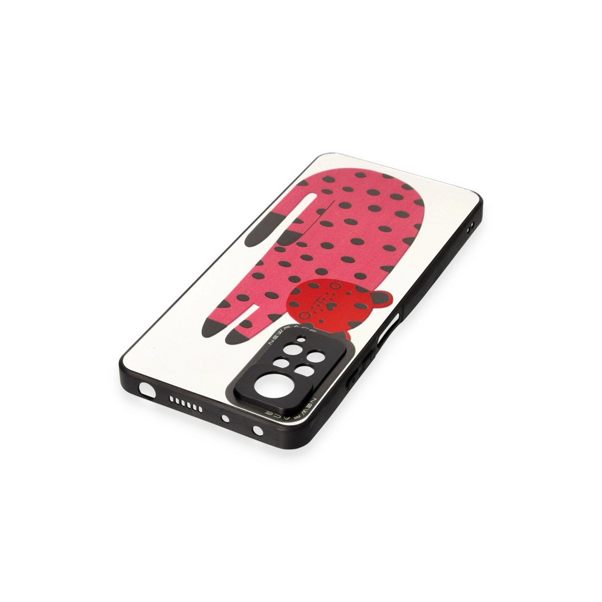 Siyah puantiyeli kırmızı leopar desenli beyaz telefon kılıfı.