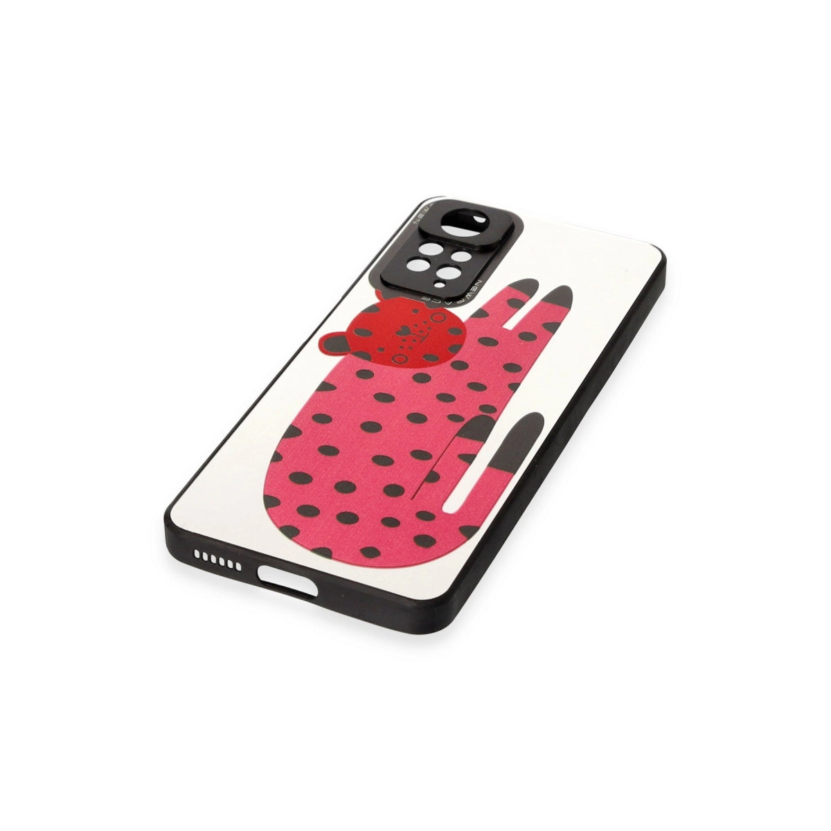 Siyah puantiyeli pembe telefon kılıfı, üzerinde kırmızı ayı başı deseni.
